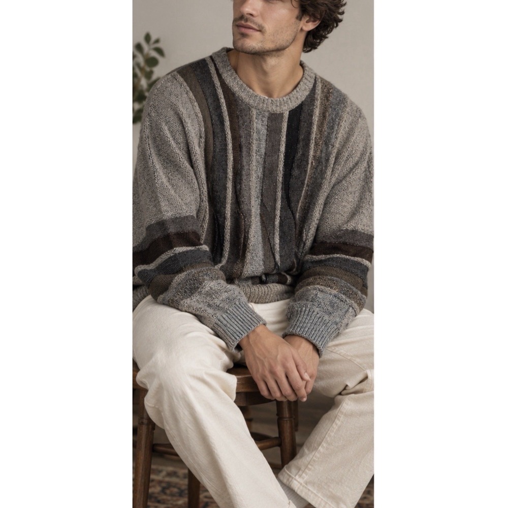 Made in Italy 3D Knit Coogi Style Sweater Sz L Grandpacore Striped Earthy Grunge